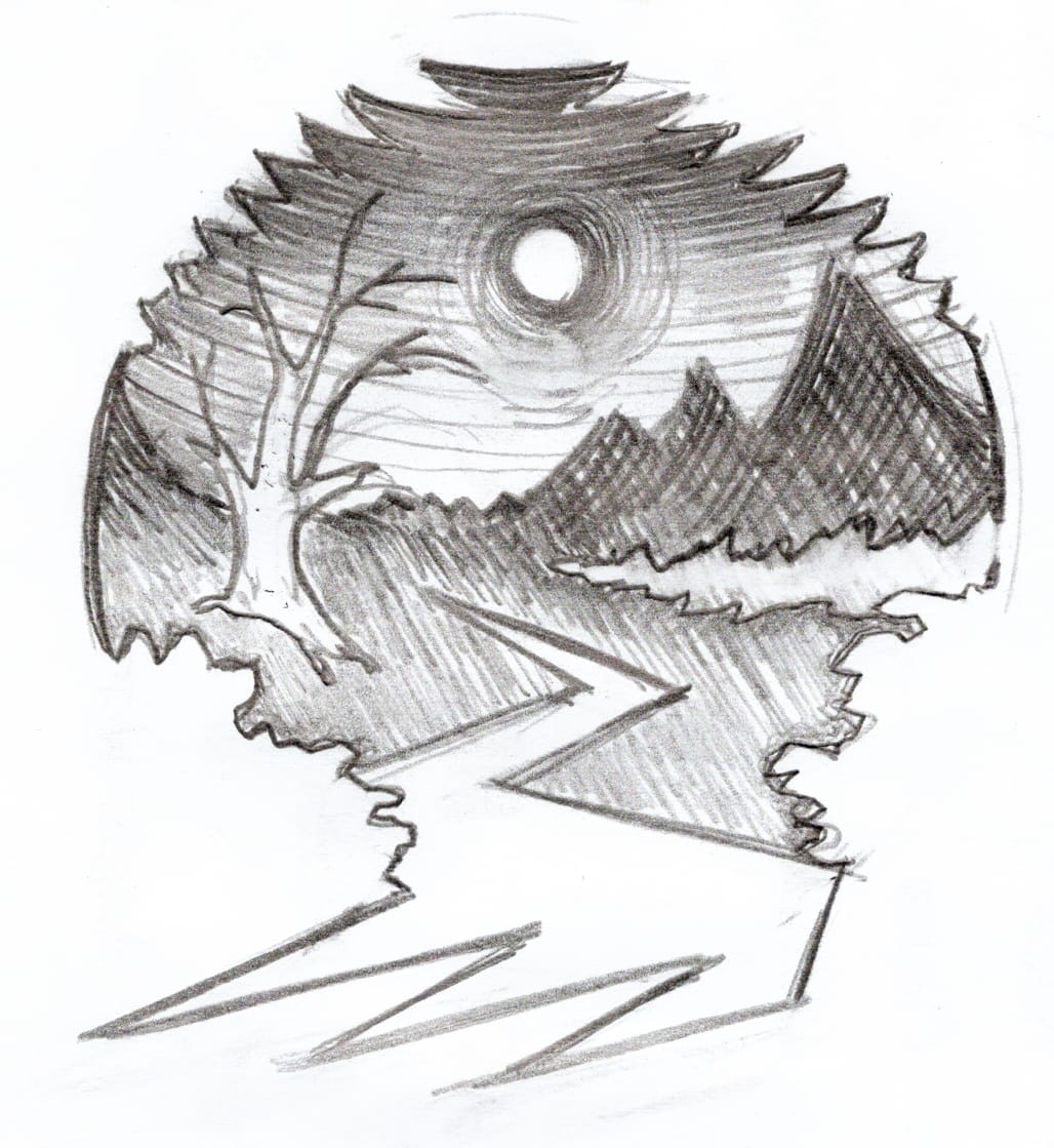 Sketch of a jagged road in the forest leading away to foreboding mountains.