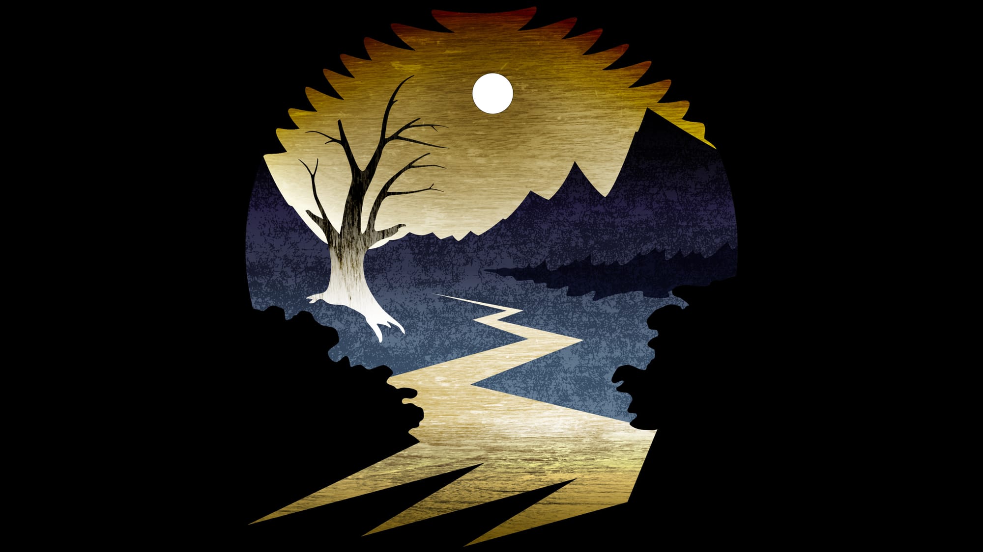 Illustration of a crooked road leading away towards mountains.